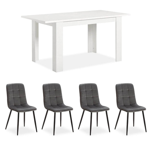Esstisch mit 4 Stühlen Set Essgruppe Samt Grau Holz Weiss 120x80 cm Massiv - Palo24