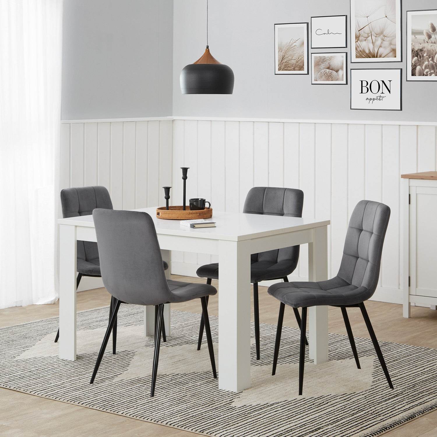Esstisch mit 4 Stühlen Set Essgruppe Samt Grau Holz Weiss 120x80 cm Massiv - Palo24