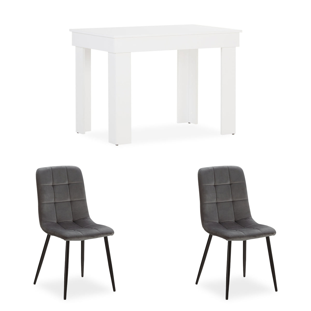Essgruppe | 2er-Set Polsterstühle Grau Samt ohne Armlehne | Esstisch Weiss 90 x 60 cm