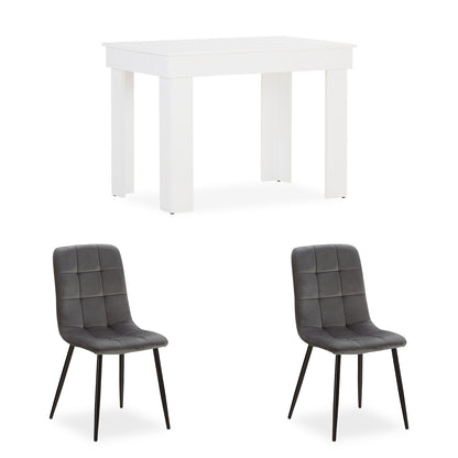 Essgruppe | 2er-Set Polsterstühle Grau Samt ohne Armlehne | Esstisch Weiss 90 x 60 cm