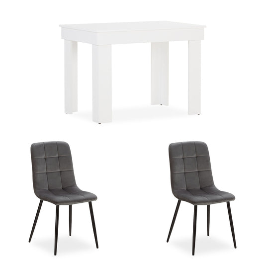 Essgruppe | 2er-Set Polsterstühle Grau Samt ohne Armlehne | Esstisch Weiss 90 x 60 cm