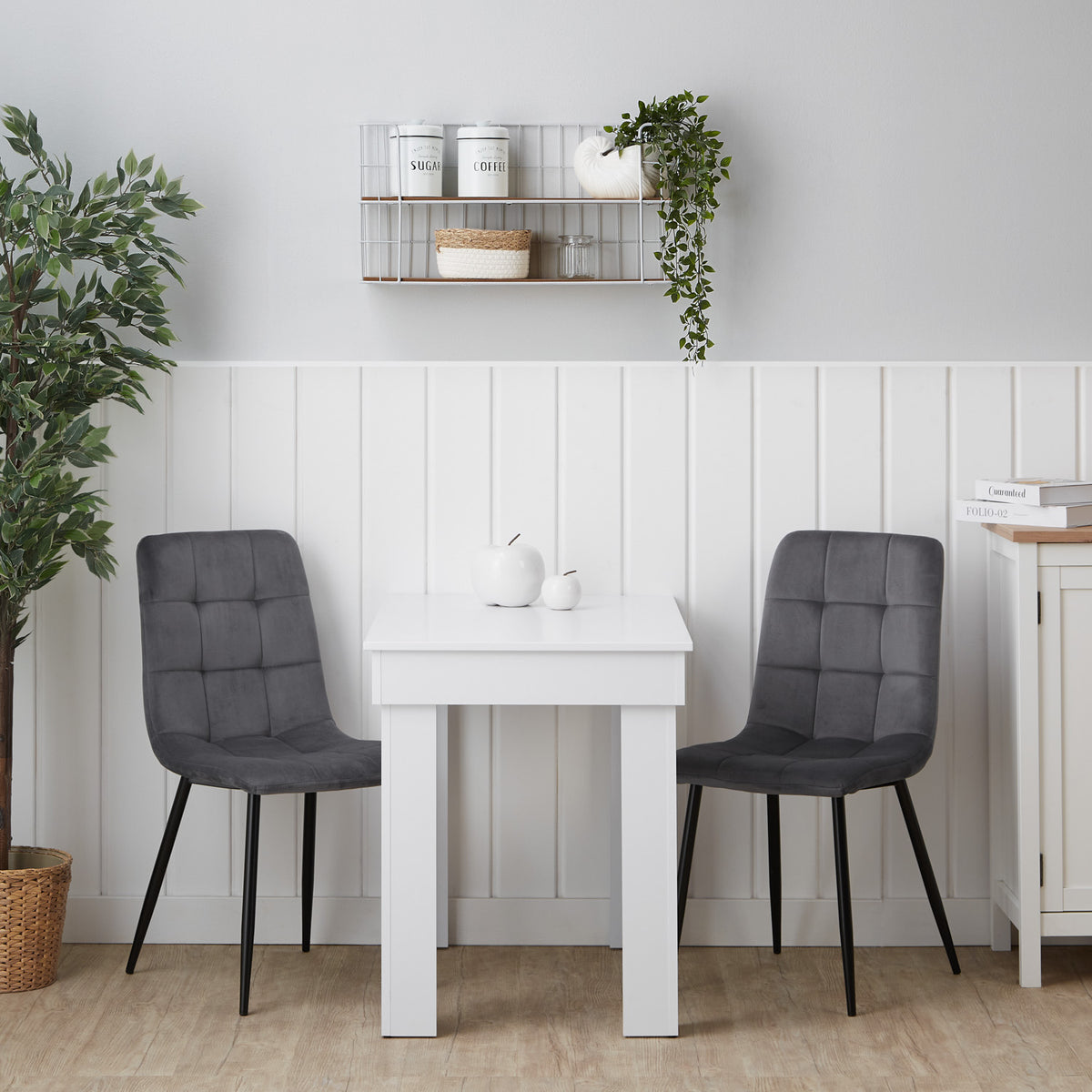 Essgruppe | 2er-Set Polsterstühle Grau Samt ohne Armlehne | Esstisch Weiss 90 x 60 cm