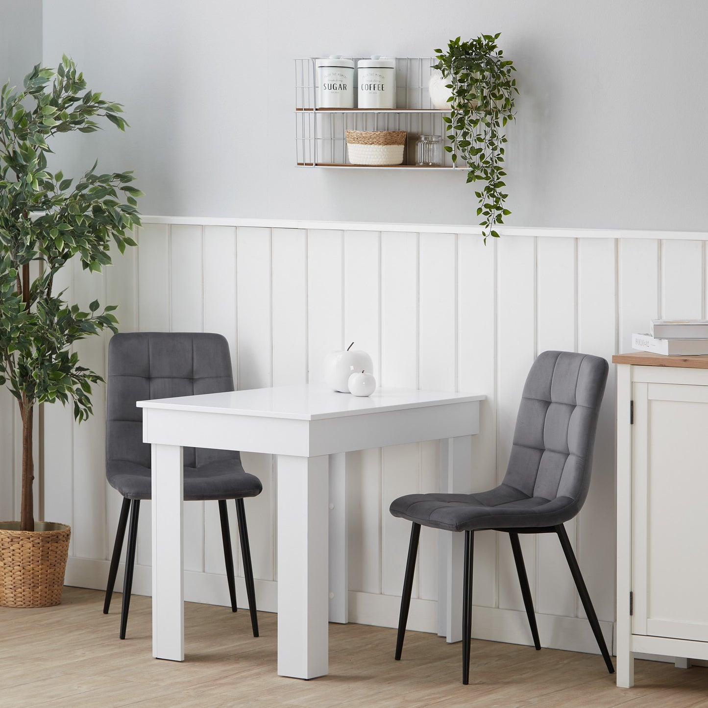 Essgruppe | 2er-Set Polsterstühle Grau Samt ohne Armlehne | Esstisch Weiss 90 x 60 cm