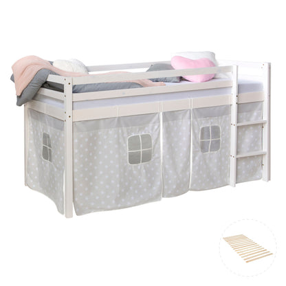 Hochbett Kinder 90x200 cm Weiss mit Vorhang Sterne | mit Lattenrost