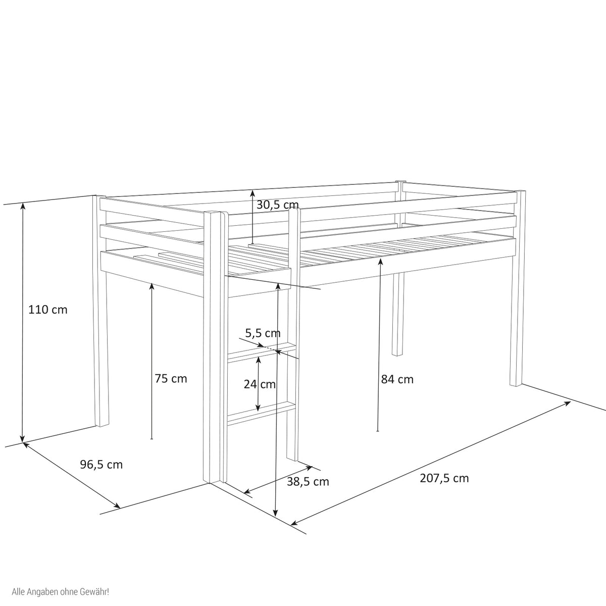 Hochbett Kinder 90x200 cm Weiß mit Vorhang Sterne | Turm | mit Lattenrost