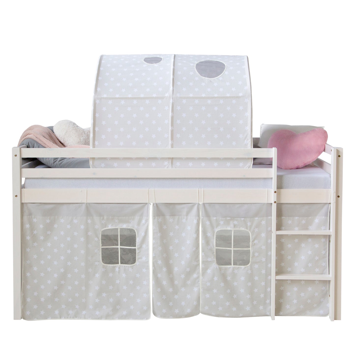 Hochbett Kinder 90x200 cm Weiß mit Vorhang Sterne | Turm | mit Lattenrost