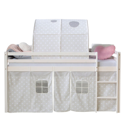 Hochbett Kinder 90x200 cm Weiß mit Vorhang Sterne | Turm | mit Lattenrost