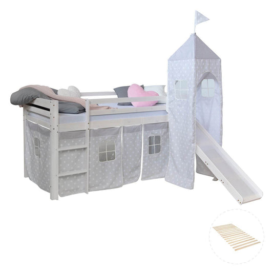 Hochbett mit Lattenrost 90x200 Turm Rutsche Stockbett Kinderbett Holz Vorhang grau - Palo24