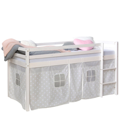 Hochbett mit Matratze 90x200 cm Weiss Leiter Vorhang Sterne grau Lattenrost