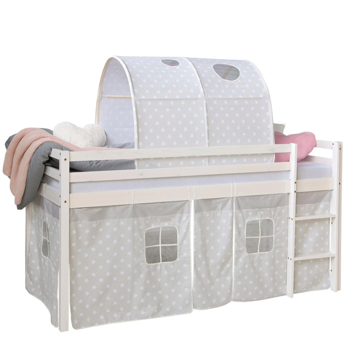 Hochbett mit Matratze 90x200 cm Weiss Tunnel Vorhang grau Sterne Lattenrost