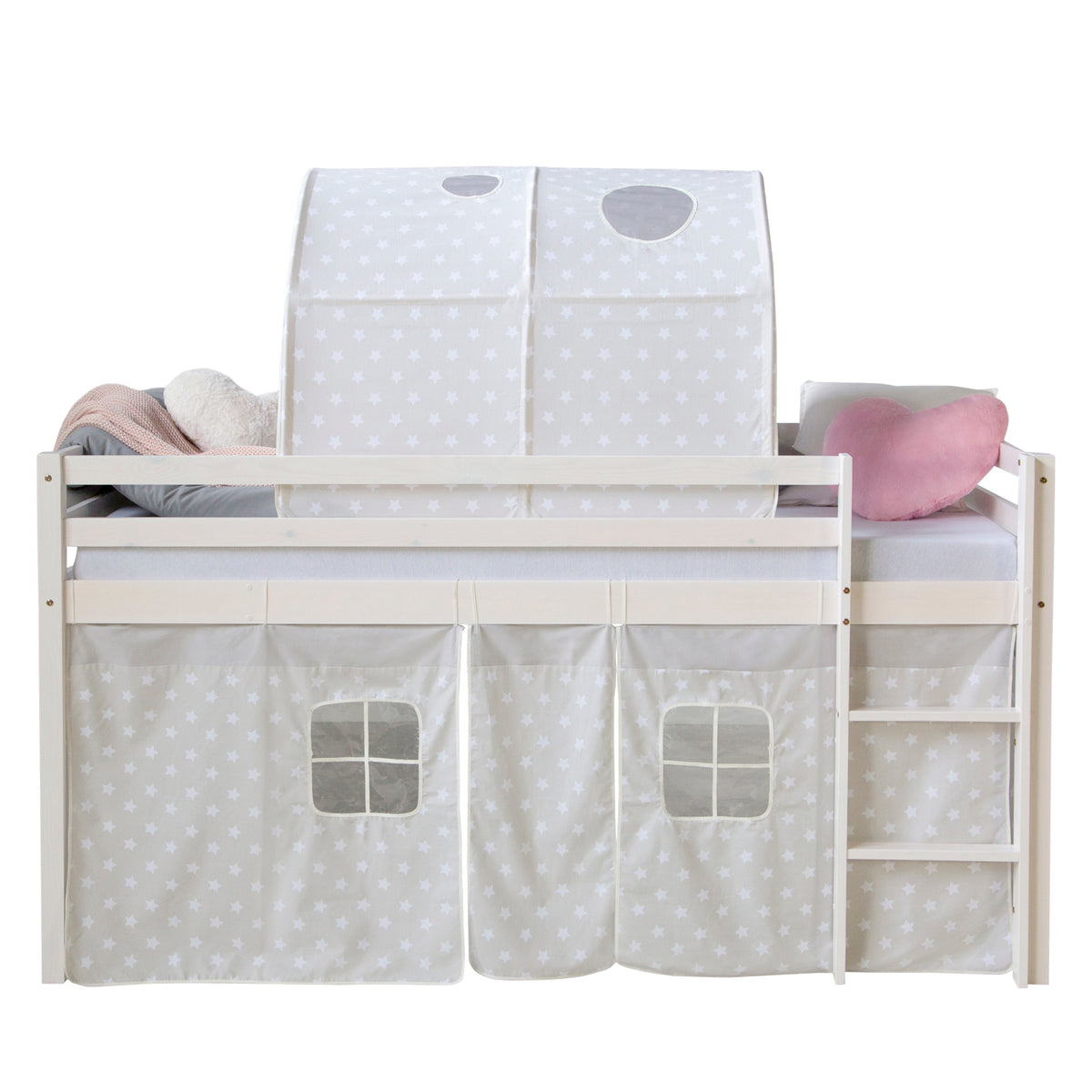 Hochbett mit Matratze 90x200 cm Weiss Tunnel Vorhang grau Sterne Lattenrost