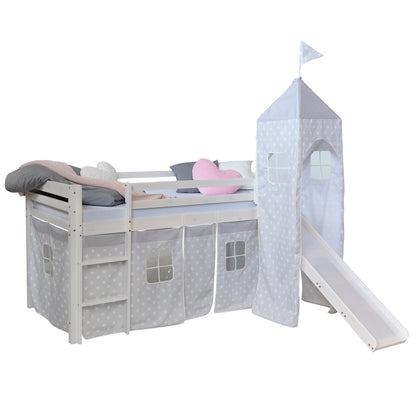 Hochbett mit Matratze 90x200 Turm Rutsche Stockbett Weiss Vorhang grau Sterne Lattenrost
