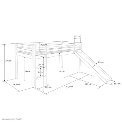 Hochbett mit Matratze 90x200 Rutsche Weiss Vorhang Tunnel Sterne grau Lattenrost