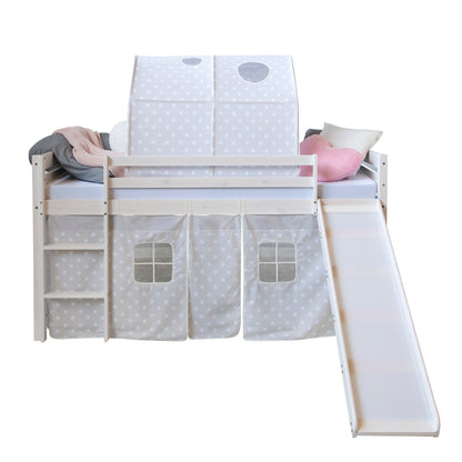 Hochbett mit Matratze 90x200 Rutsche Weiss Vorhang Tunnel Sterne grau Lattenrost