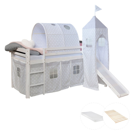 Hochbett mit Matratze 90x200 Turm Tunnel Rutsche Weiss Vorhang Sterne grau Lattenrost