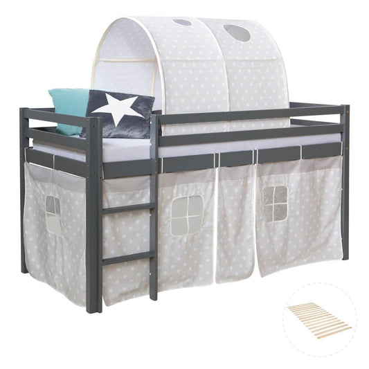 Hochbett mit Lattenrost 90x200 cm Grau Kinderbett Tunnel Vorhang Sterne Holz Kiefer - Palo24