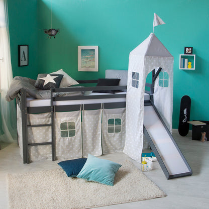 Hochbett Kinder 90x200 cm Grau mit Vorhang Sterne | Turm | Rutsche | mit Lattenrost
