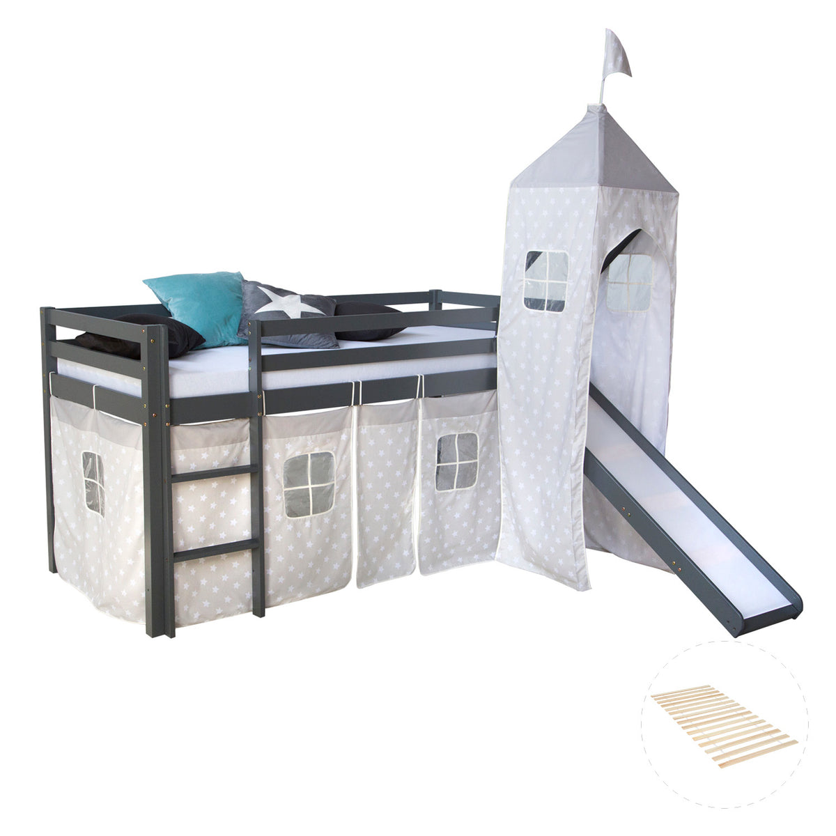 Hochbett Kinder 90x200 cm Grau mit Vorhang Sterne | Turm | Rutsche | mit Lattenrost