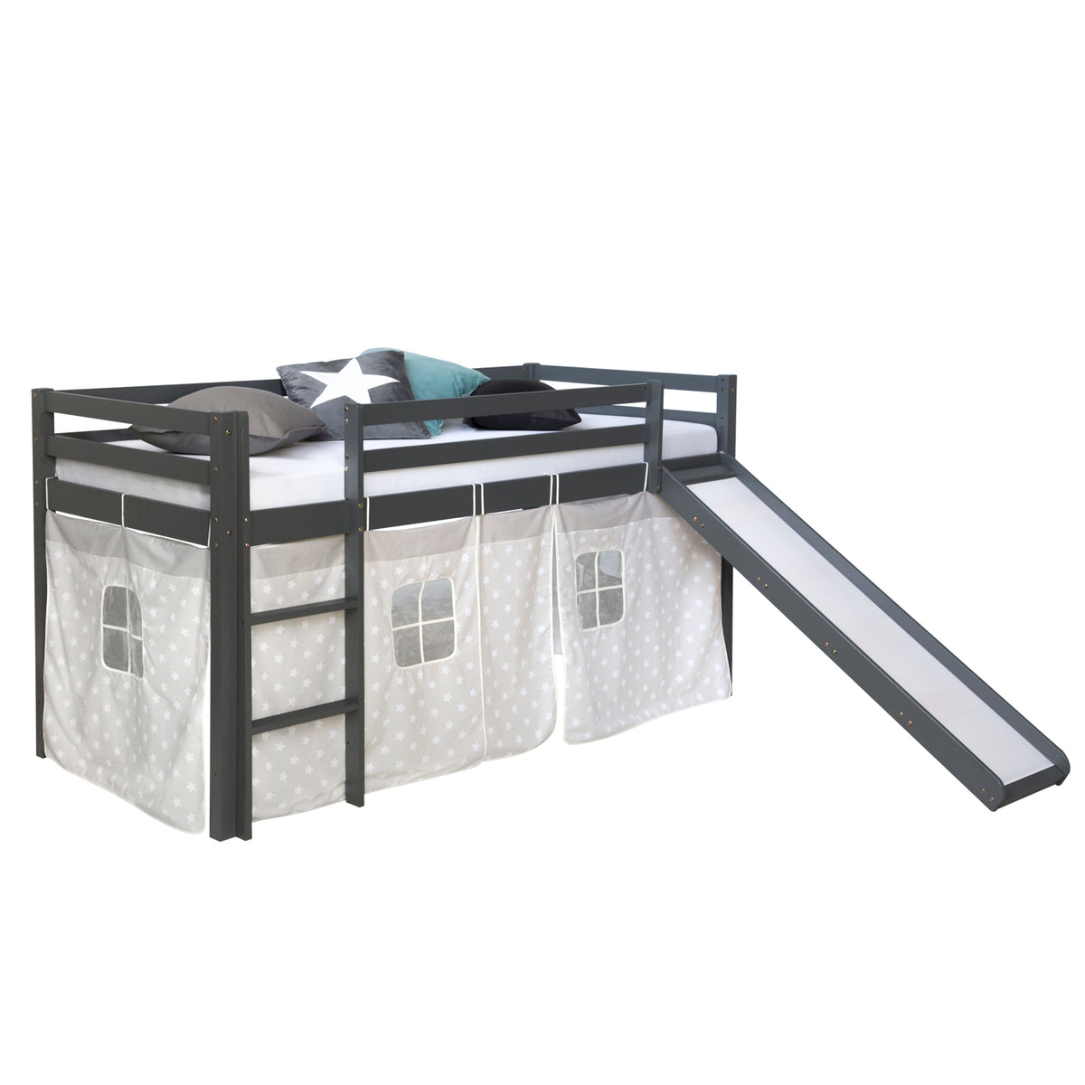Hochbett mit Matratze 90x200 Rutsche Grau Vorhang Sterne Lattenrost