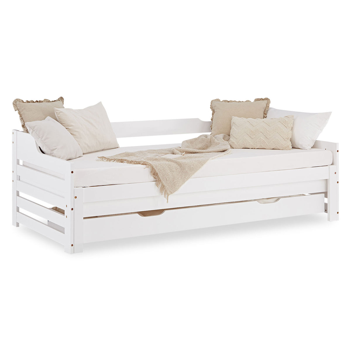 Holzbett 90x200 cm Weiss ausziehbar zum Doppelbett mit Bettkasten mit Lattenrost Funktionsbett