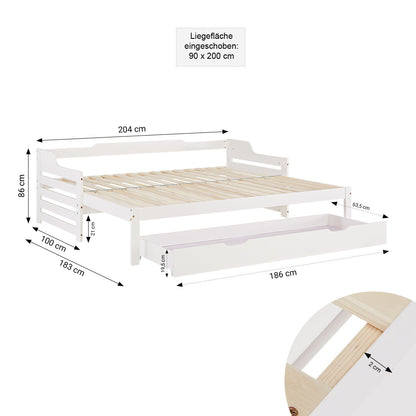 Holzbett 90x200 cm Weiss ausziehbar zum Doppelbett mit Bettkasten mit Lattenrost Funktionsbett