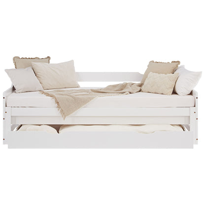 Holzbett 90x200 cm Weiss ausziehbar zum Doppelbett mit Bettkasten mit Lattenrost Funktionsbett