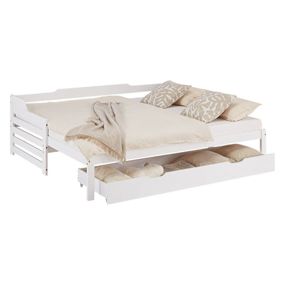 Holzbett 90x200 cm Weiss ausziehbar zum Doppelbett mit Bettkasten mit Lattenrost Funktionsbett