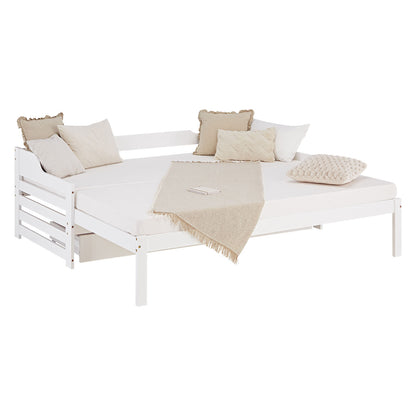 Holzbett 90x200 cm Weiss ausziehbar zum Doppelbett mit Bettkasten mit Lattenrost Funktionsbett