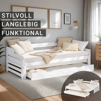 Holzbett 90x200 cm Weiss ausziehbar zum Doppelbett mit Bettkasten mit Lattenrost Funktionsbett