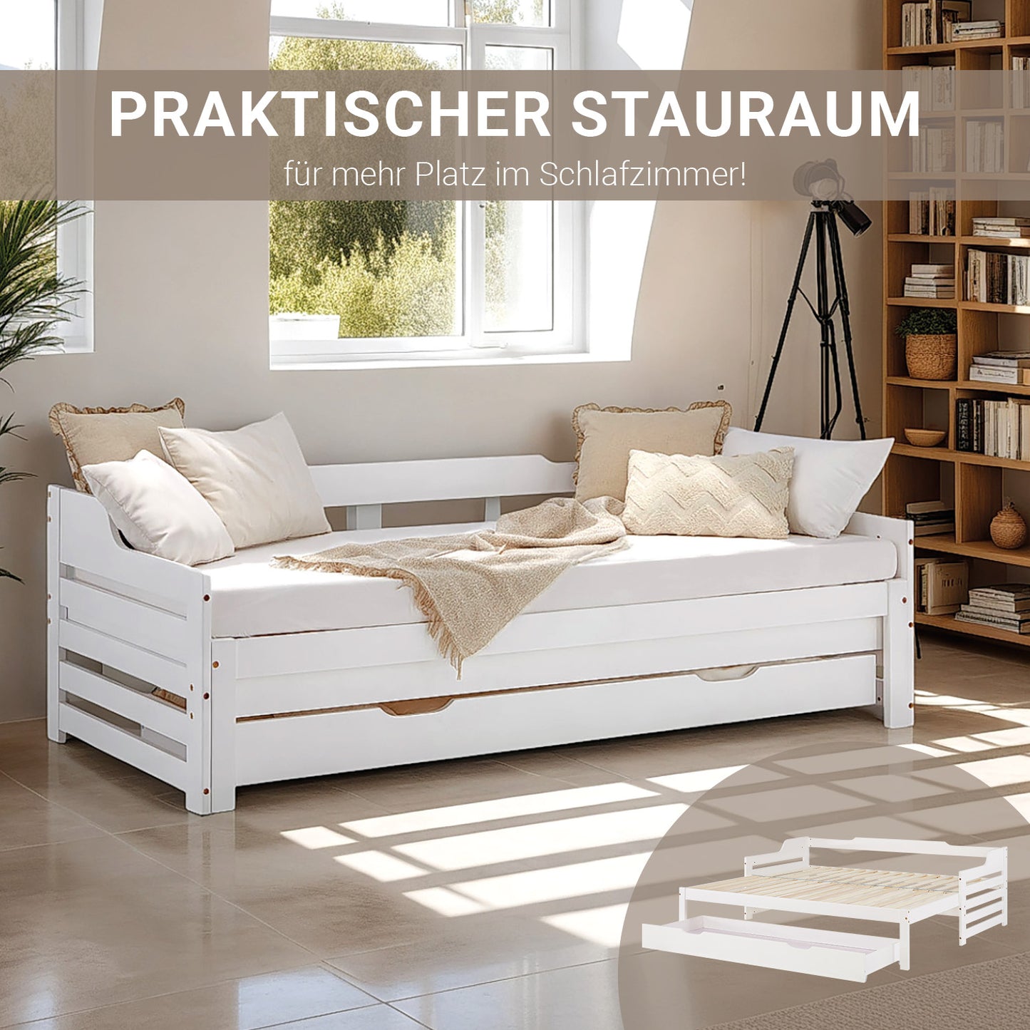 Holzbett 90x200 cm Weiss ausziehbar zum Doppelbett mit Bettkasten mit Lattenrost Funktionsbett