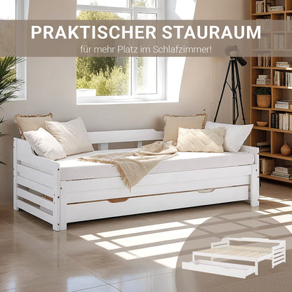 Holzbett 90x200 cm Weiss ausziehbar zum Doppelbett mit Bettkasten mit Lattenrost Funktionsbett