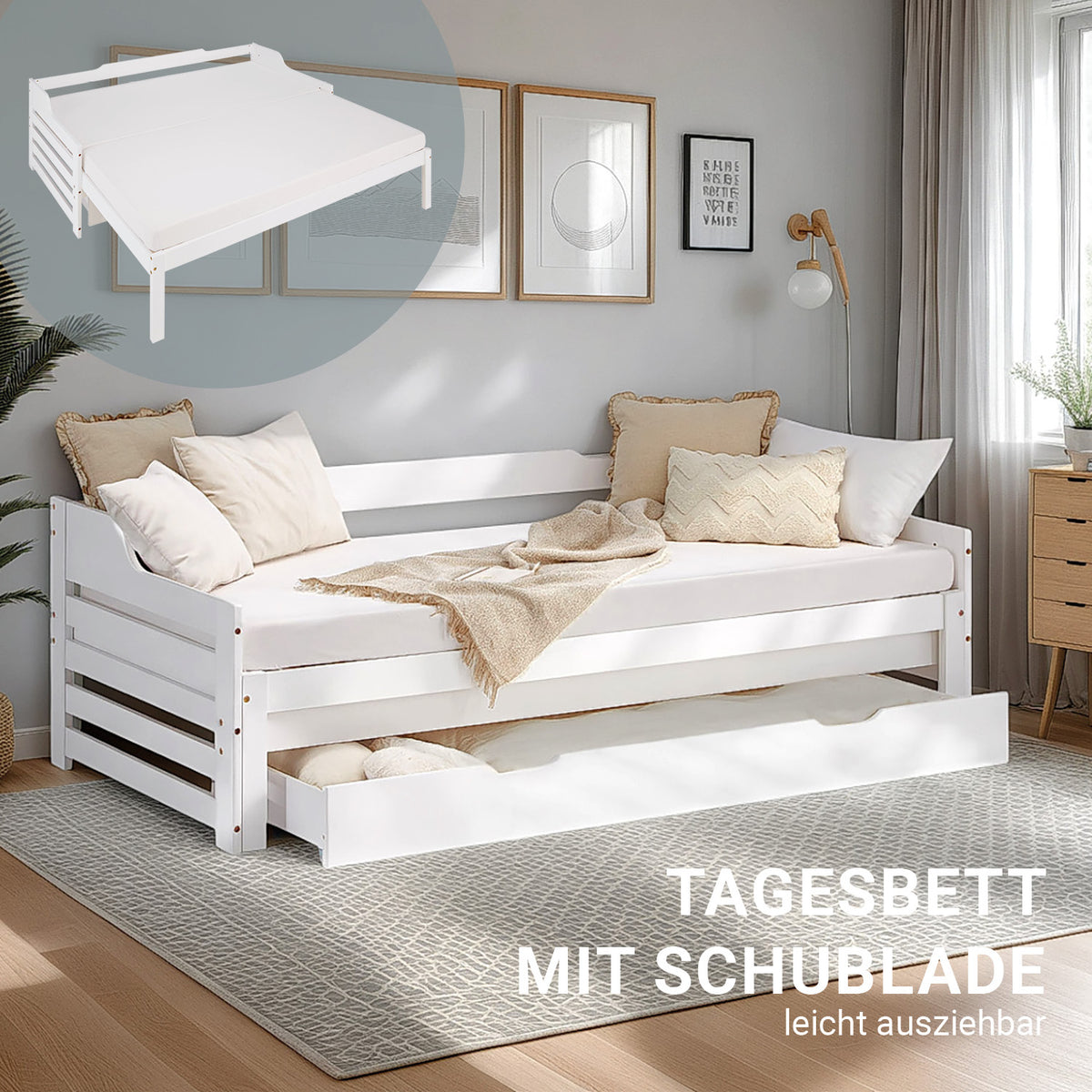 Holzbett 90x200 cm Weiss ausziehbar zum Doppelbett mit Bettkasten mit Lattenrost Funktionsbett