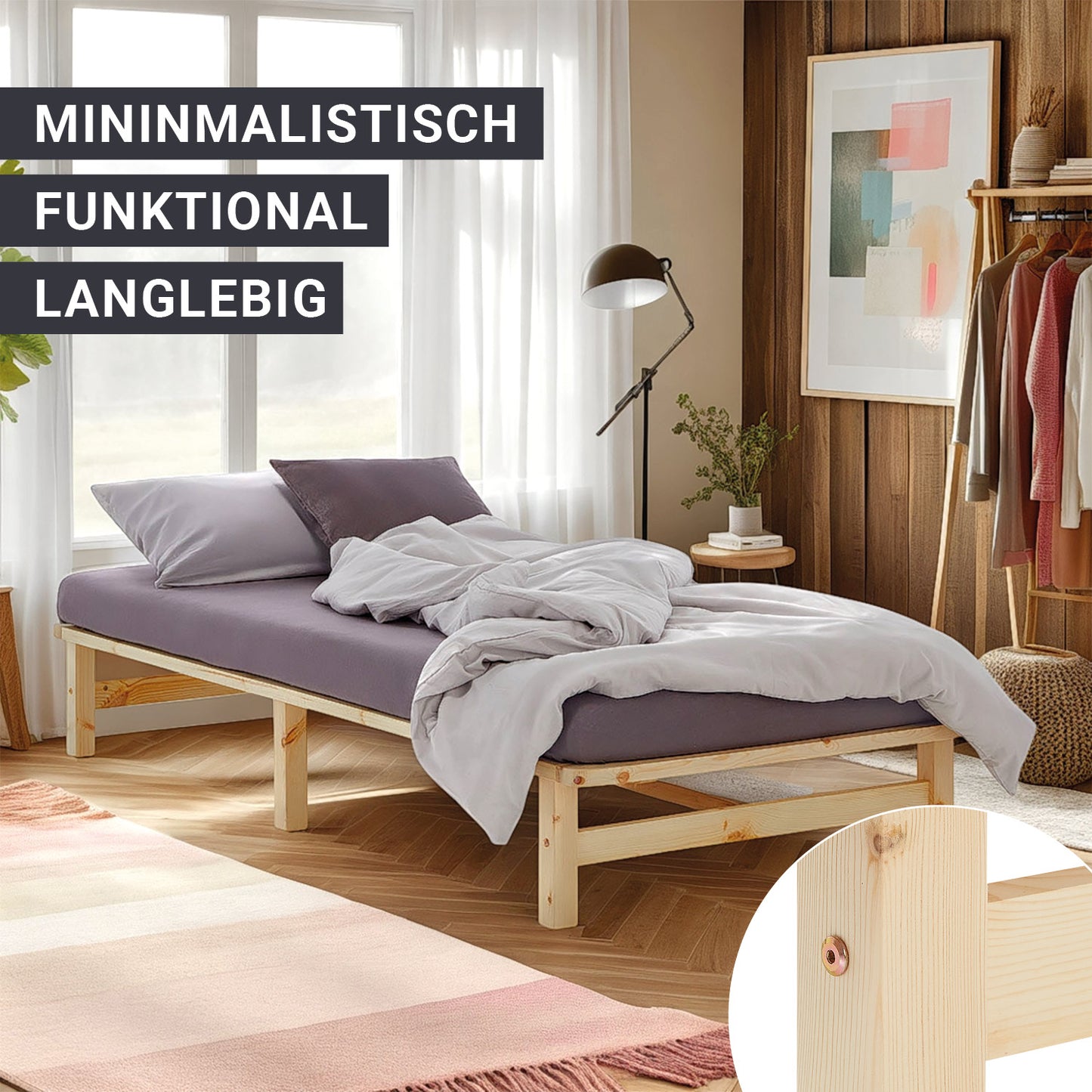 Palettenbett 100x200 cm Natur | Einzelbett | mit Lattenrost | Holz | Kind Jugend Gast