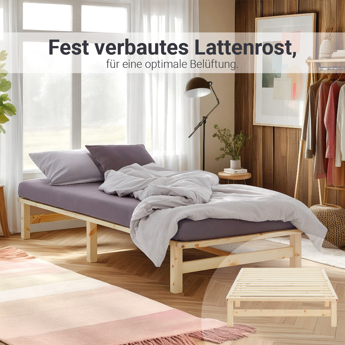 Palettenbett 100x200 cm Natur | Einzelbett | mit Lattenrost | Holz | Kind Jugend Gast