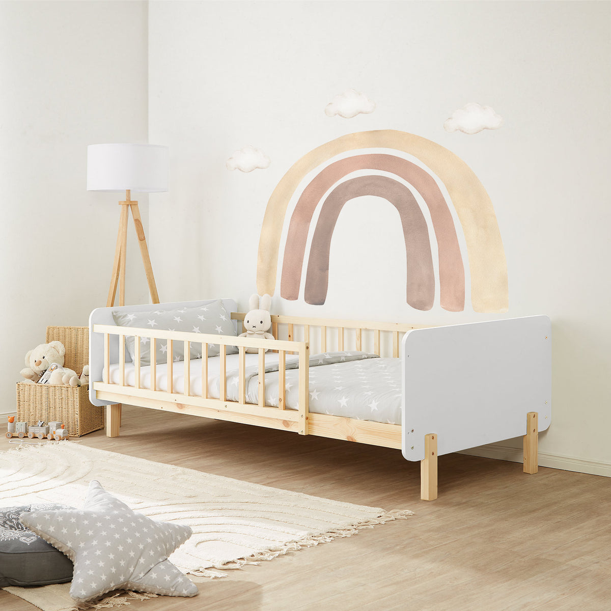 Kinderbett 90x200 cm mit Matratze & Lattenrost Rausfallschutz Weiss