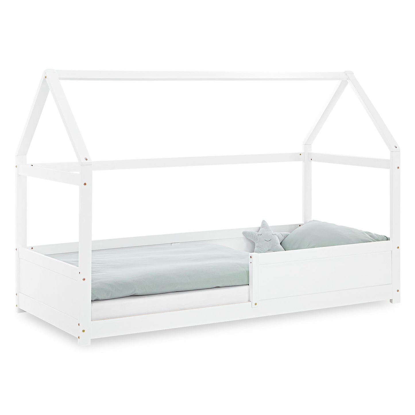 Kinderbett 90x200 cm Weiss | Hausbett mit Rausfallschutz | Montessori | Einzelbett | mit Lattenrost