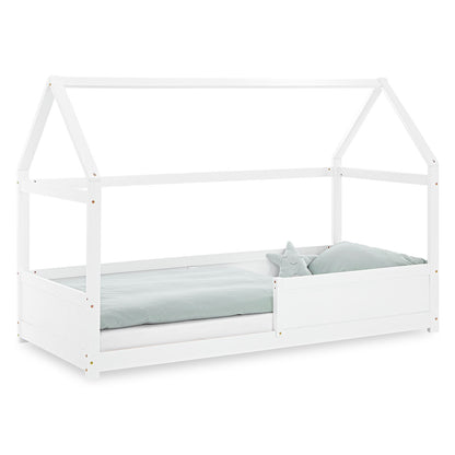 Kinderbett 90x200 cm Weiss | Hausbett mit Rausfallschutz | Montessori | Einzelbett | mit Lattenrost