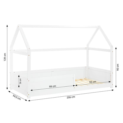 Kinderbett 90x200 cm Weiss | Hausbett mit Rausfallschutz | Montessori | Einzelbett | mit Lattenrost