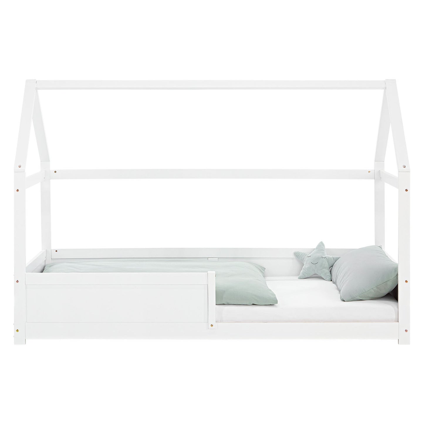 Kinderbett 90x200 cm Weiss | Hausbett mit Rausfallschutz | Montessori | Einzelbett | mit Lattenrost