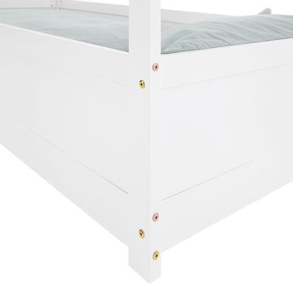 Kinderbett 90x200 cm Weiss | Hausbett mit Rausfallschutz | Montessori | Einzelbett | mit Lattenrost