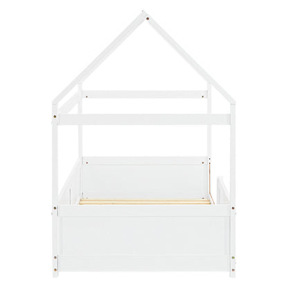 Kinderbett 90x200 cm Weiss | Hausbett mit Rausfallschutz | Montessori | Einzelbett | mit Lattenrost