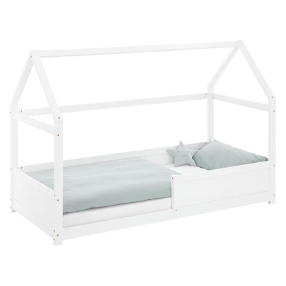 Kinderbett 90x200 cm Weiss | Hausbett mit Rausfallschutz | Montessori | Einzelbett | mit Lattenrost