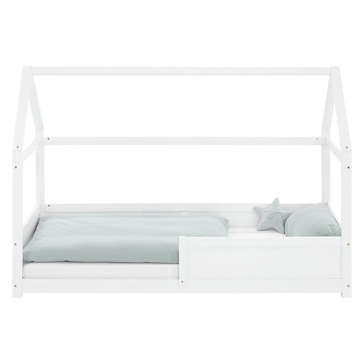 Kinderbett 90x200 cm Weiss | Hausbett mit Rausfallschutz | Montessori | Einzelbett | mit Lattenrost