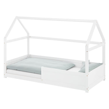 Kinderbett 90x200 cm Weiss | Hausbett mit Rausfallschutz | Montessori | Einzelbett | mit Lattenrost