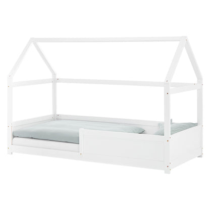 Kinderbett 90x200 cm Weiss | Hausbett mit Rausfallschutz | Montessori | Einzelbett | mit Lattenrost