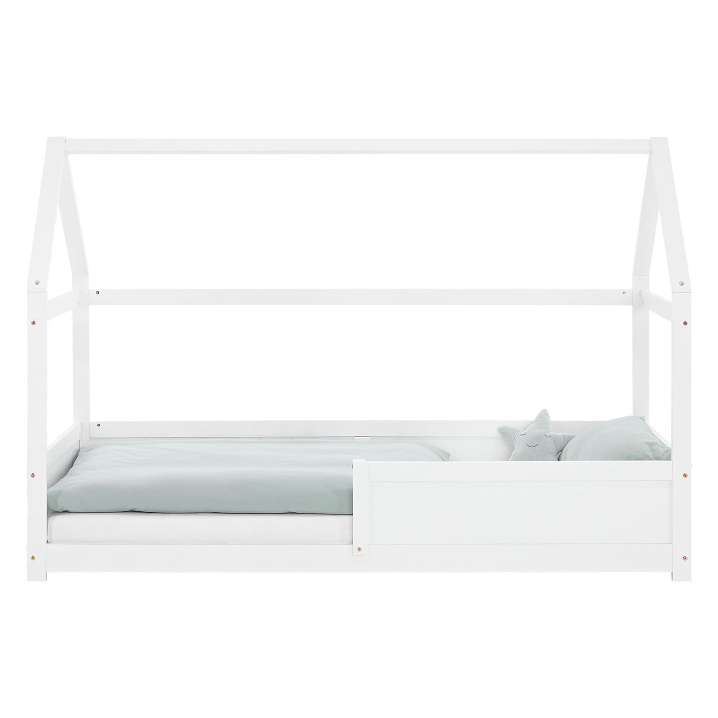 Kinderbett 90x200 cm Weiss | Hausbett mit Rausfallschutz | Montessori | Einzelbett | mit Lattenrost