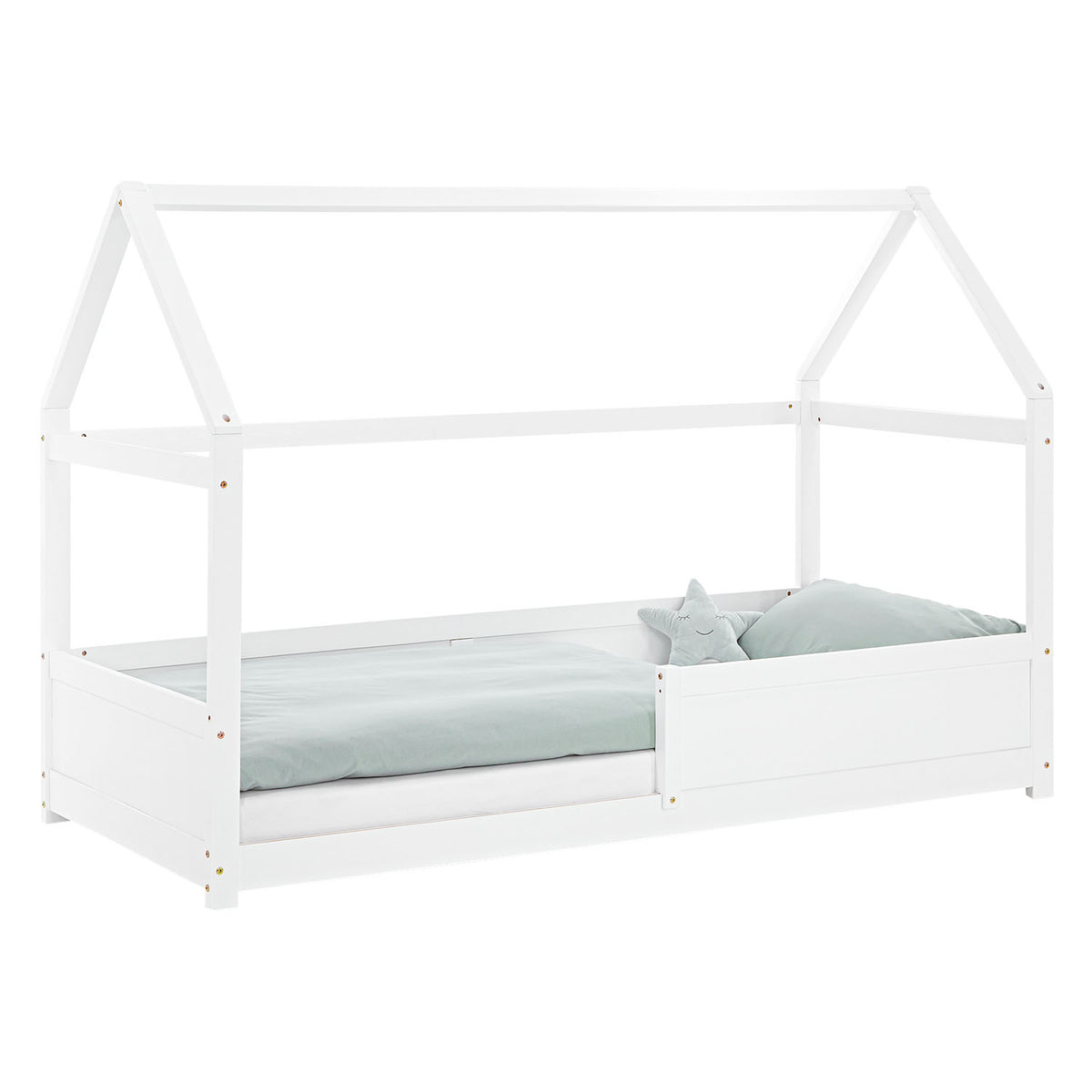Kinderbett 90x200 cm Weiss | Hausbett mit Rausfallschutz | Montessori | Einzelbett | mit Lattenrost