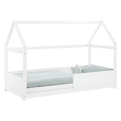 Kinderbett 90x200 cm Weiss | Hausbett mit Rausfallschutz | Montessori | Einzelbett | mit Lattenrost
