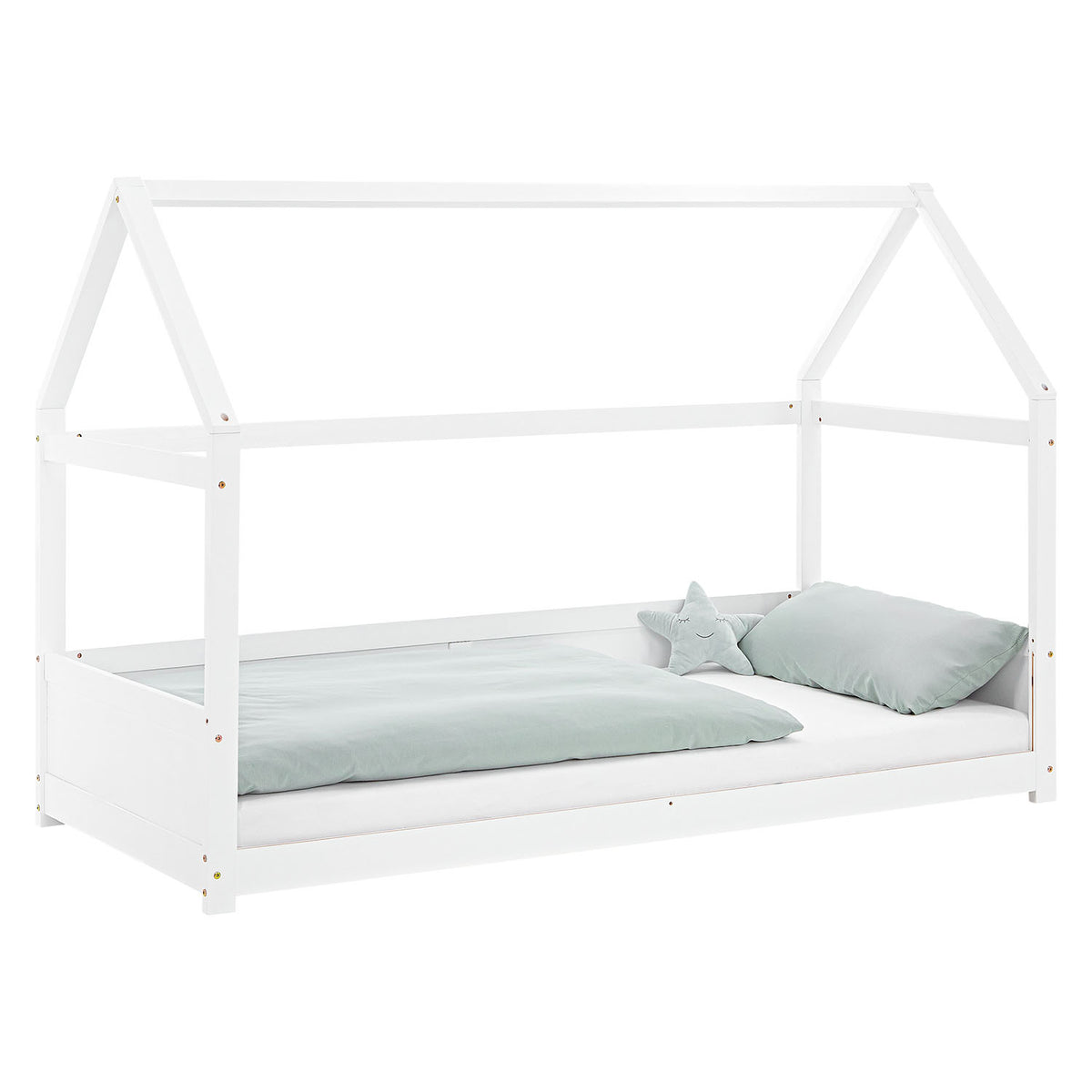 Kinderbett 90x200 cm Weiss | Hausbett mit Rausfallschutz | Montessori | Einzelbett | mit Lattenrost