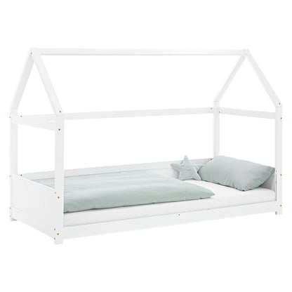 Kinderbett 90x200 cm Weiss | Hausbett mit Rausfallschutz | Montessori | Einzelbett | mit Lattenrost